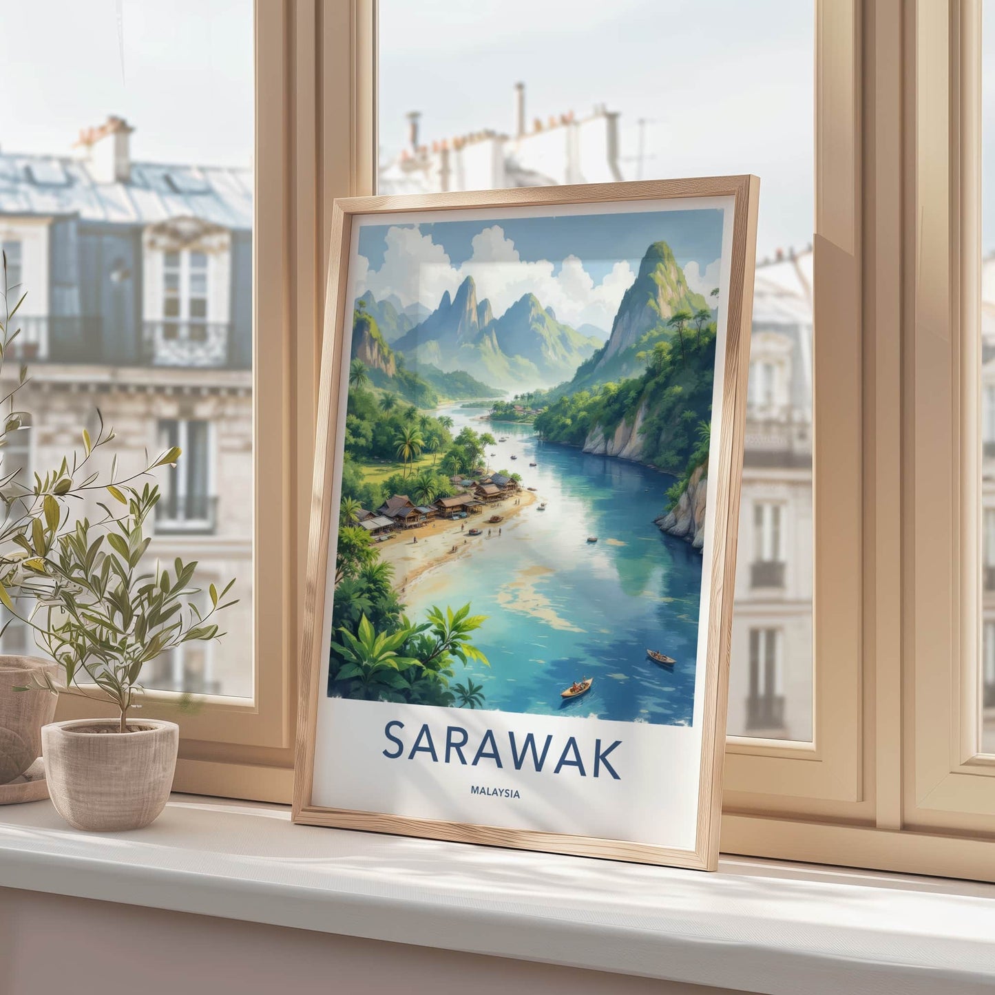 Sarawak Poster - Malaysia Travel Art - Coastal Village Mountains Home Decor