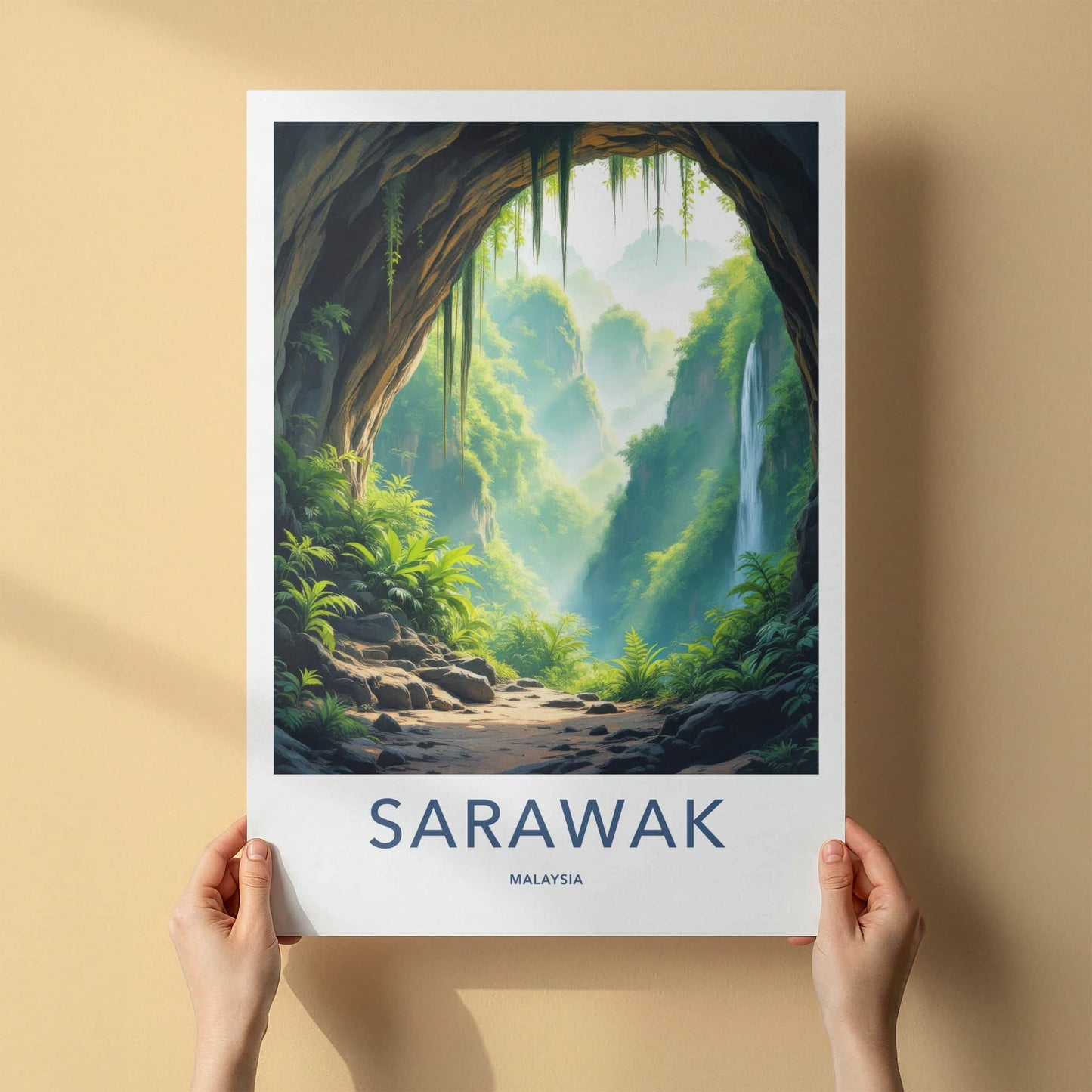 Sarawak Poster - Malaysia Travel Art - Jungle Cave Waterfall Home Decor