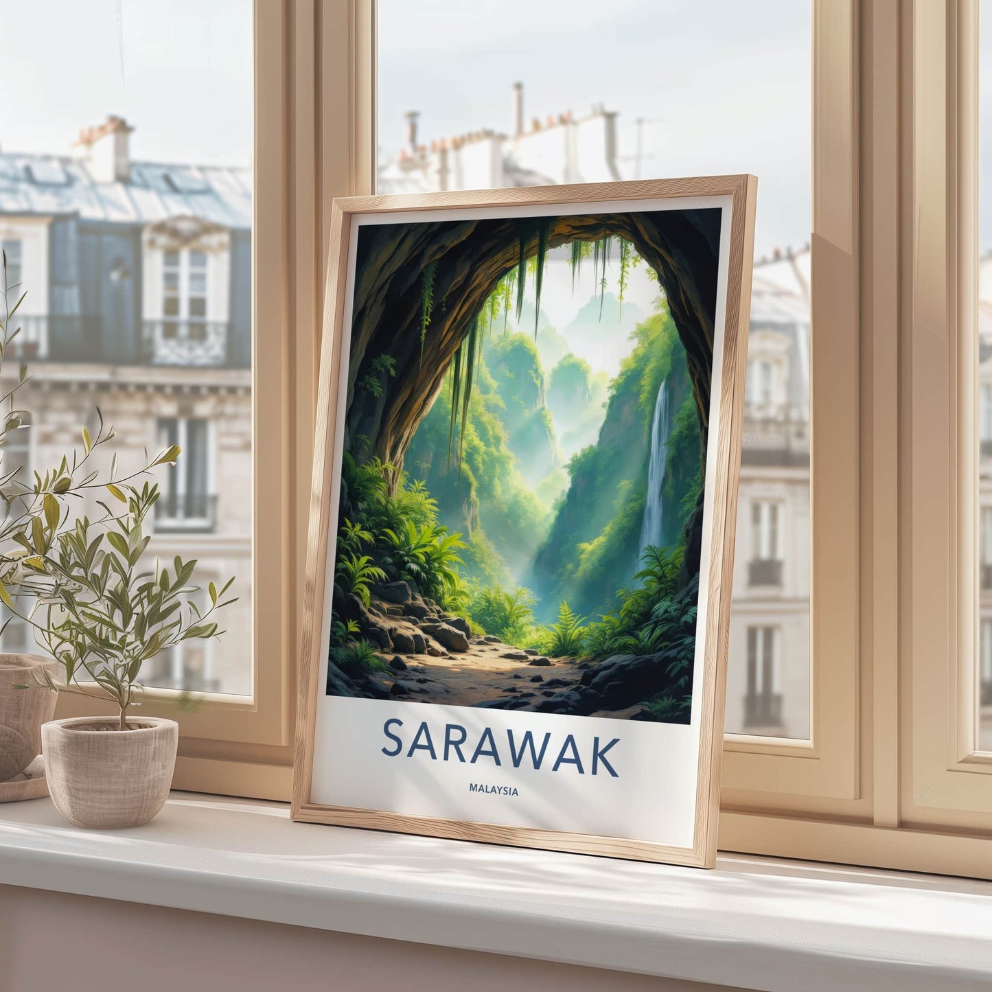 Sarawak Poster - Malaysia Travel Art - Jungle Cave Waterfall Home Decor
