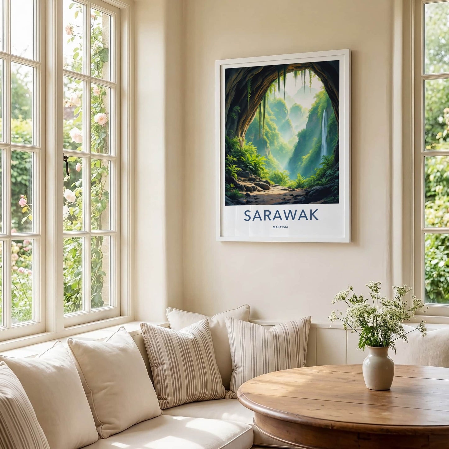 Sarawak Poster - Malaysia Travel Art - Jungle Cave Waterfall Home Decor