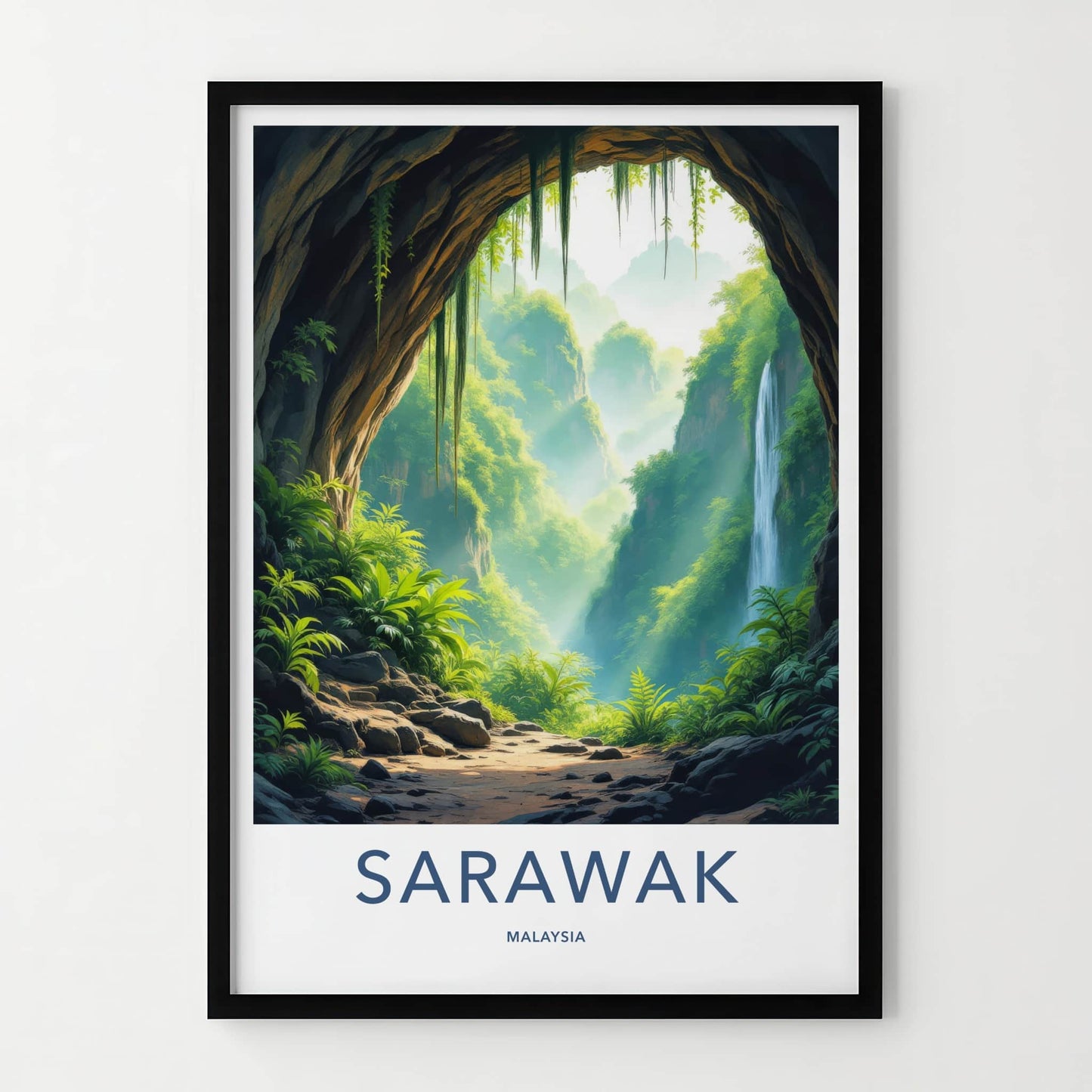 Sarawak Poster - Malaysia Travel Art - Jungle Cave Waterfall Home Decor