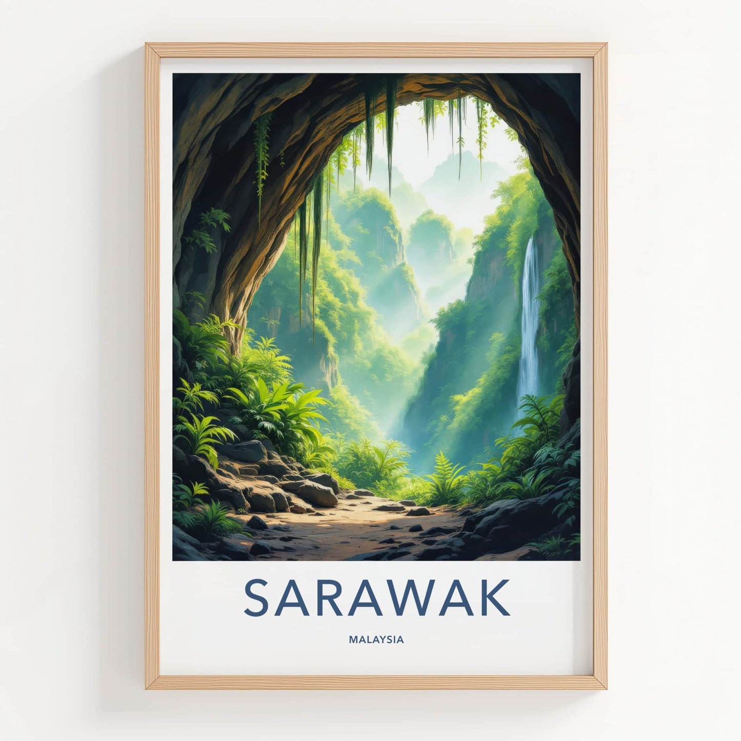 Sarawak Poster - Malaysia Travel Art - Jungle Cave Waterfall Home Decor