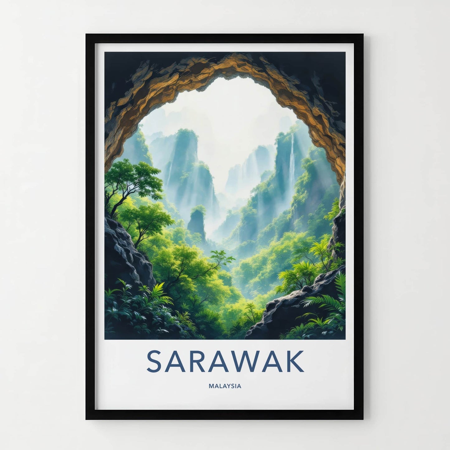 Sarawak Poster - Malaysia Travel Art - Misty Mountain Waterfalls Home Decor