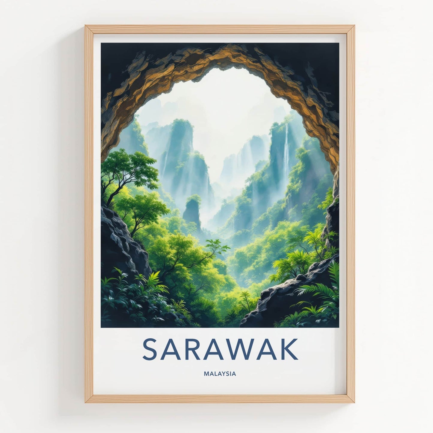 Sarawak Poster - Malaysia Travel Art - Misty Mountain Waterfalls Home Decor