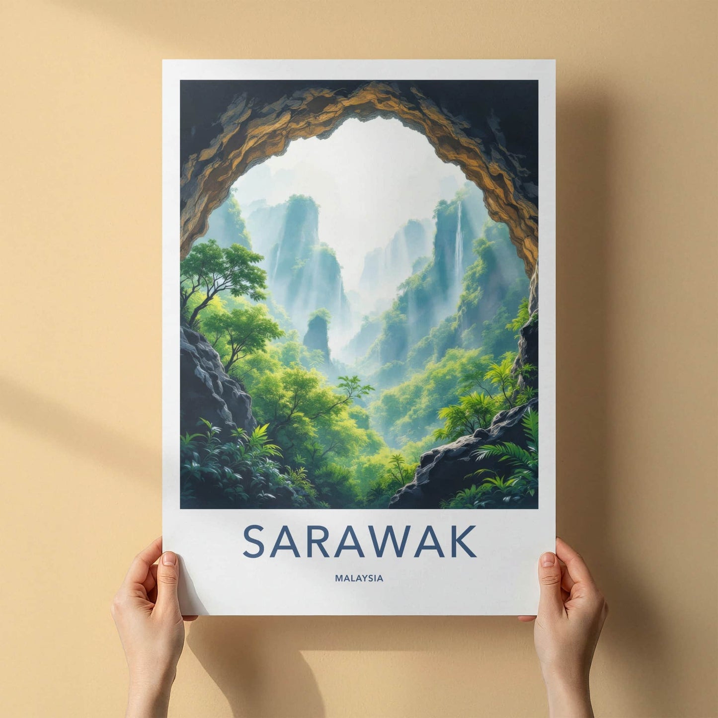 Sarawak Poster - Malaysia Travel Art - Misty Mountain Waterfalls Home Decor