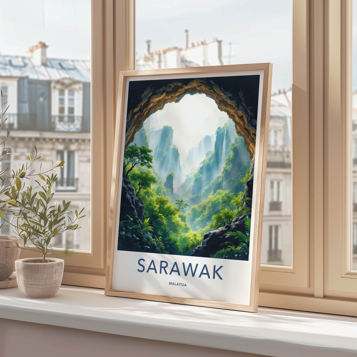 Sarawak Poster - Malaysia Travel Art - Misty Mountain Waterfalls Home Decor