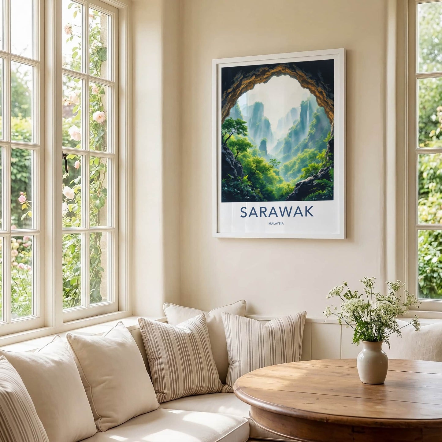 Sarawak Poster - Malaysia Travel Art - Misty Mountain Waterfalls Home Decor
