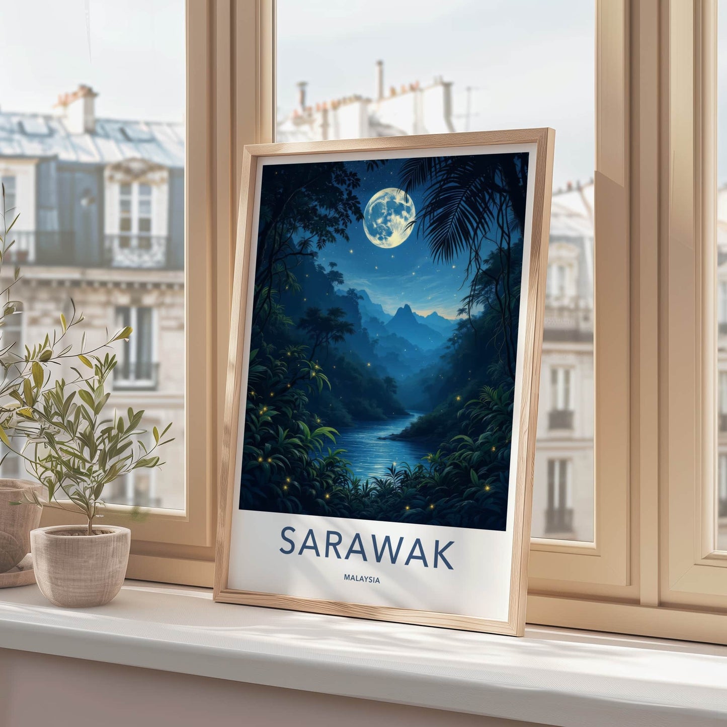 Sarawak Poster - Malaysia Travel Art - Moonlit Jungle River Home Decor