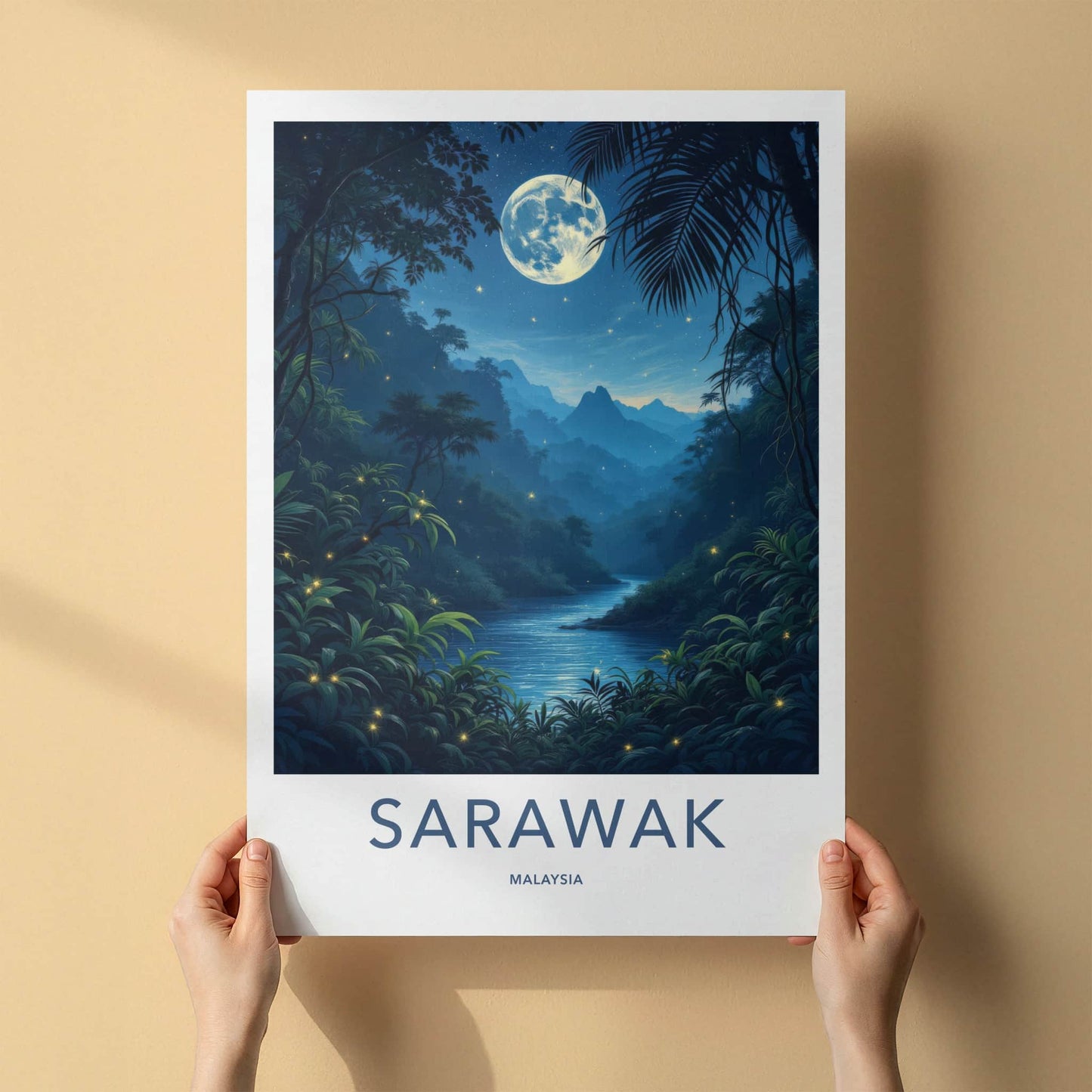 Sarawak Poster - Malaysia Travel Art - Moonlit Jungle River Home Decor