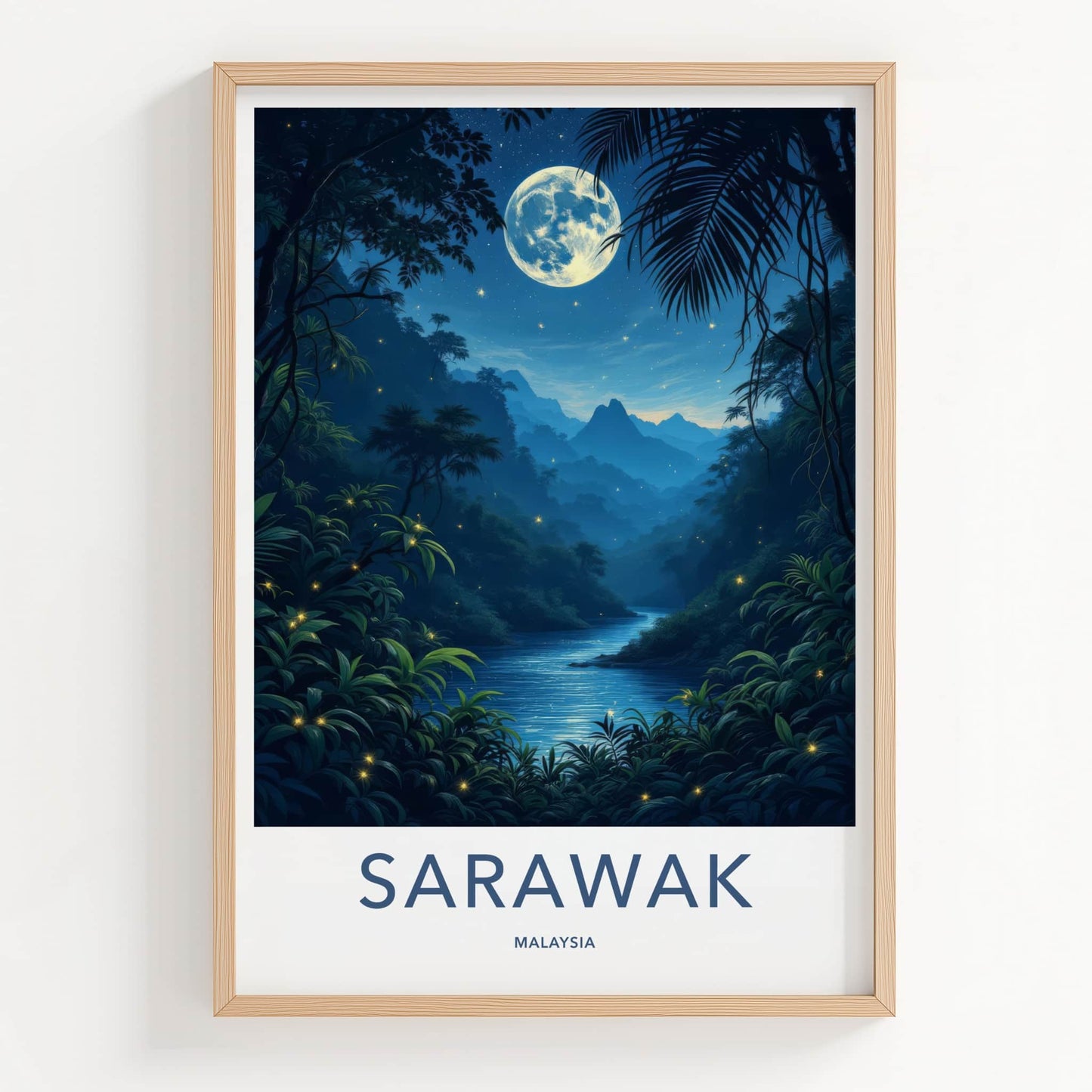 Sarawak Poster - Malaysia Travel Art - Moonlit Jungle River Home Decor