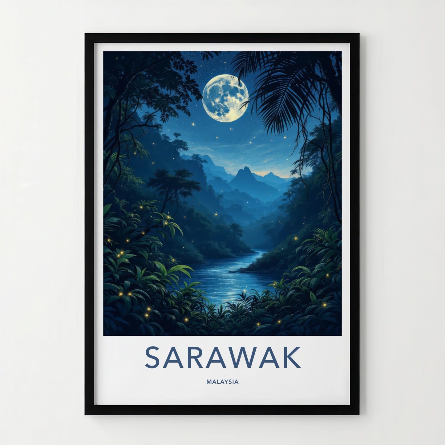 Sarawak Poster - Malaysia Travel Art - Moonlit Jungle River Home Decor