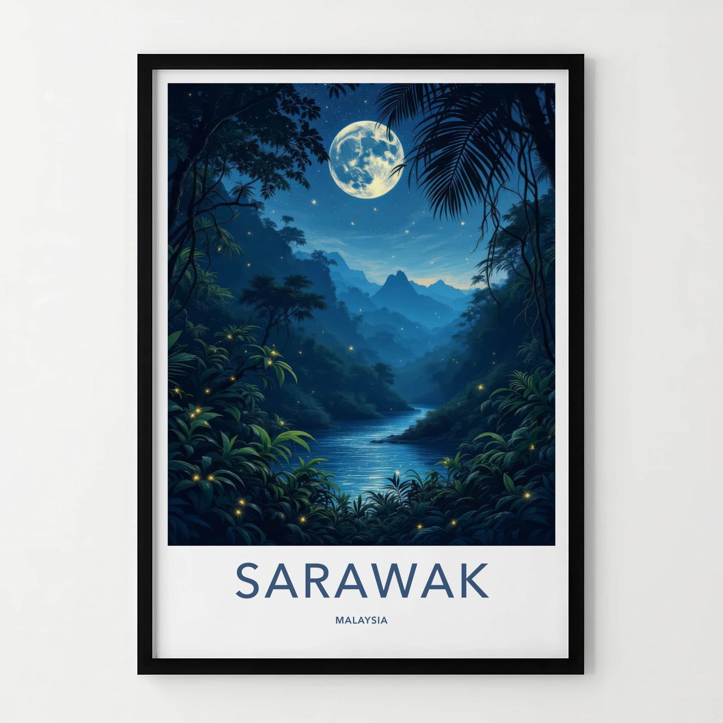 Sarawak Poster - Malaysia Travel Art - Moonlit Jungle River Home Decor