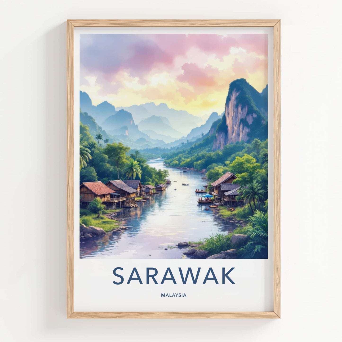 Sarawak Poster - Malaysia Travel Art - River Stilt Village Home Decor