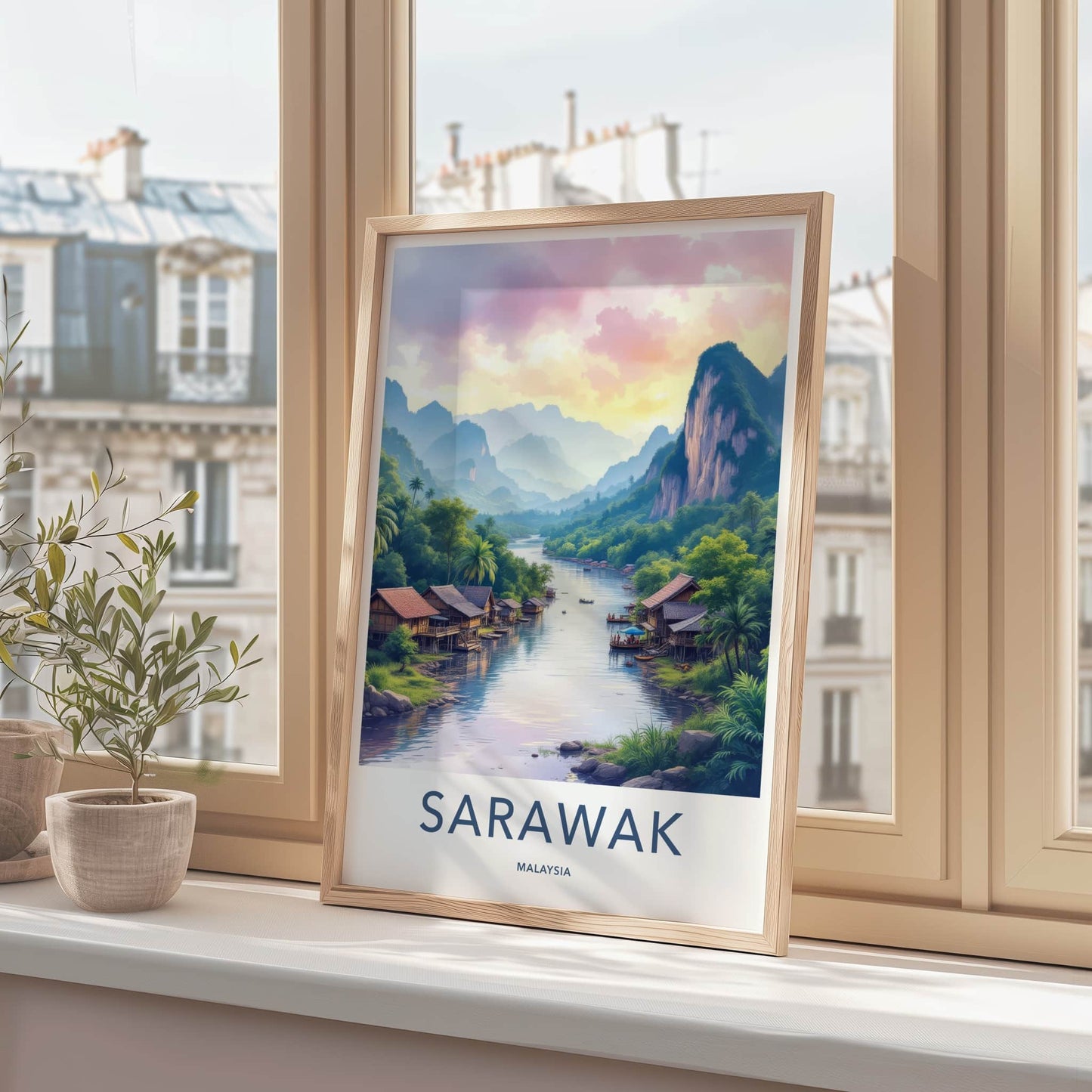 Sarawak Poster - Malaysia Travel Art - River Stilt Village Home Decor