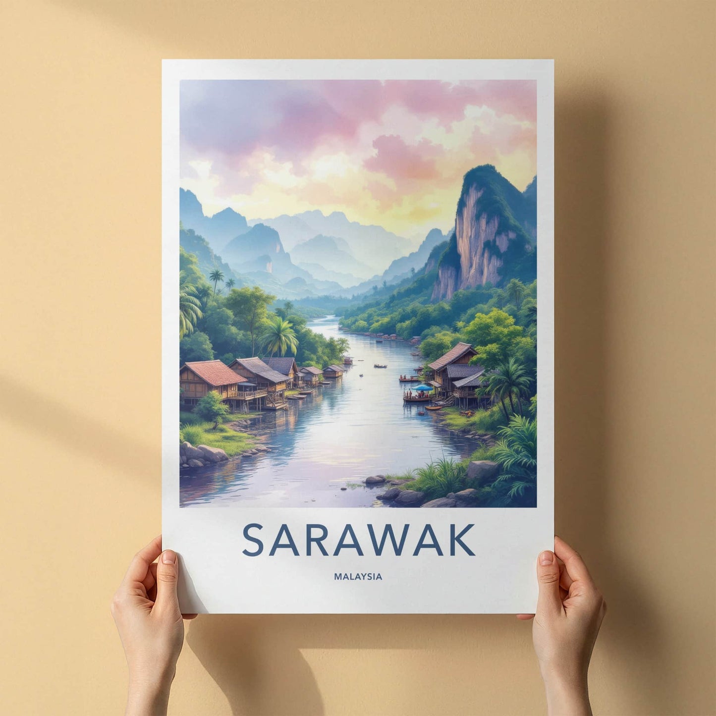Sarawak Poster - Malaysia Travel Art - River Stilt Village Home Decor