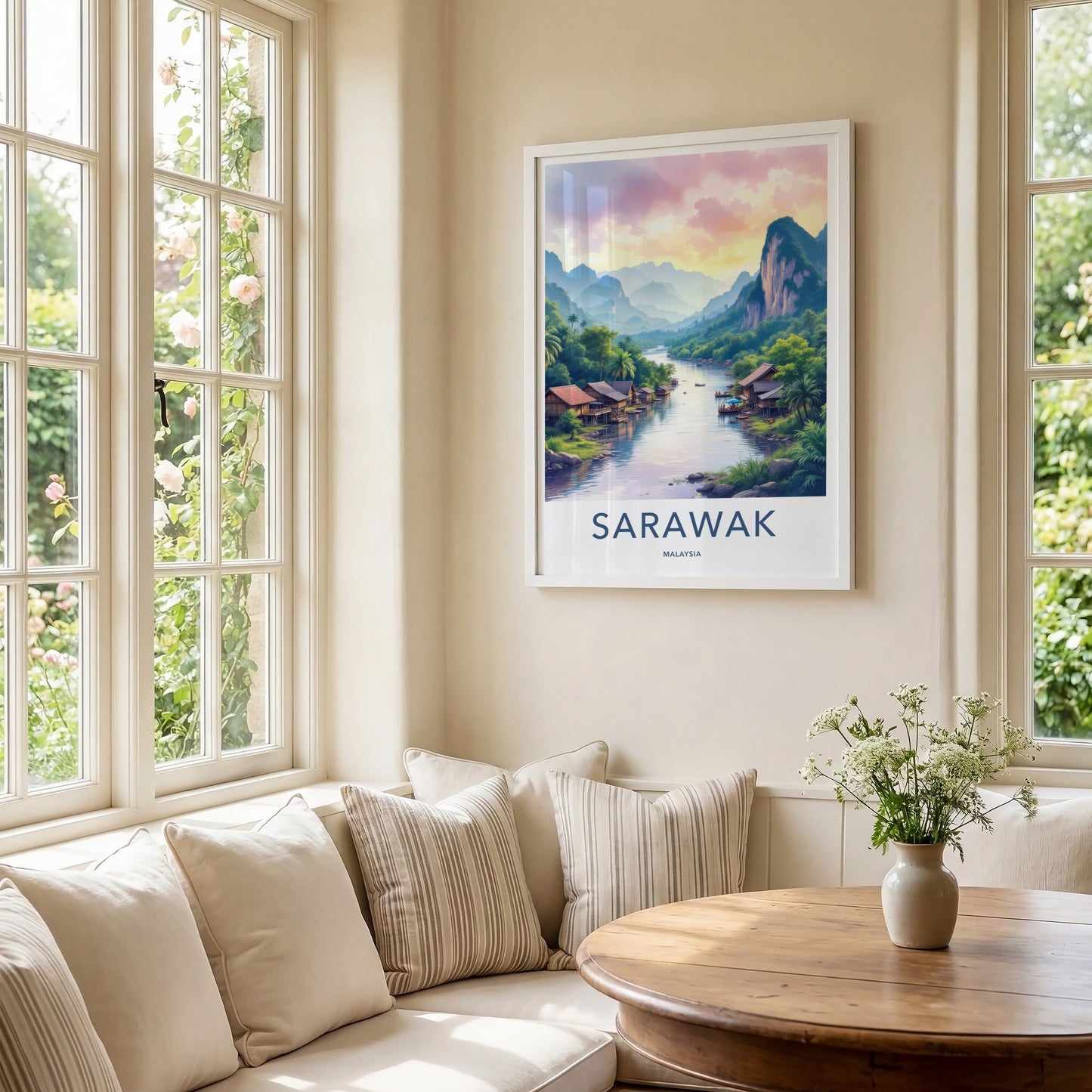 Sarawak Poster - Malaysia Travel Art - River Stilt Village Home Decor