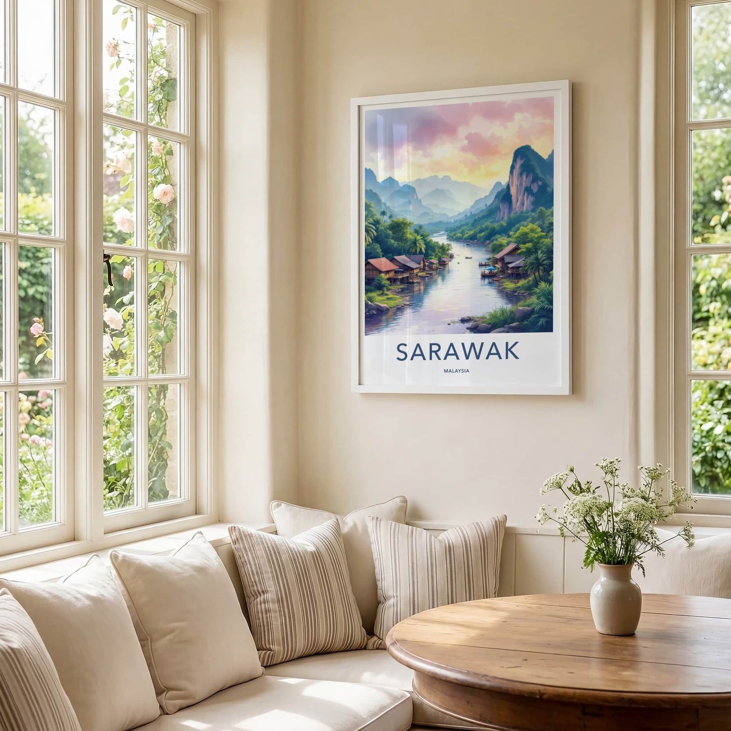 Sarawak Poster - Malaysia Travel Art - River Stilt Village Home Decor