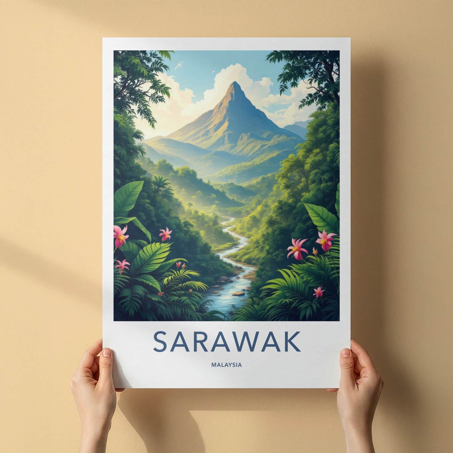 Sarawak Poster - Malaysia Travel Art - Towering Mountain Winding River Home Decor