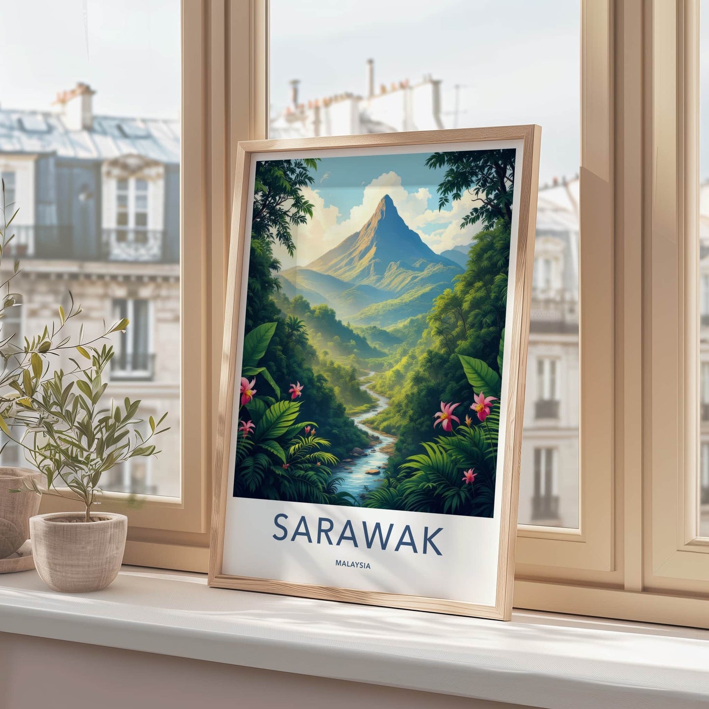 Sarawak Poster - Malaysia Travel Art - Towering Mountain Winding River Home Decor