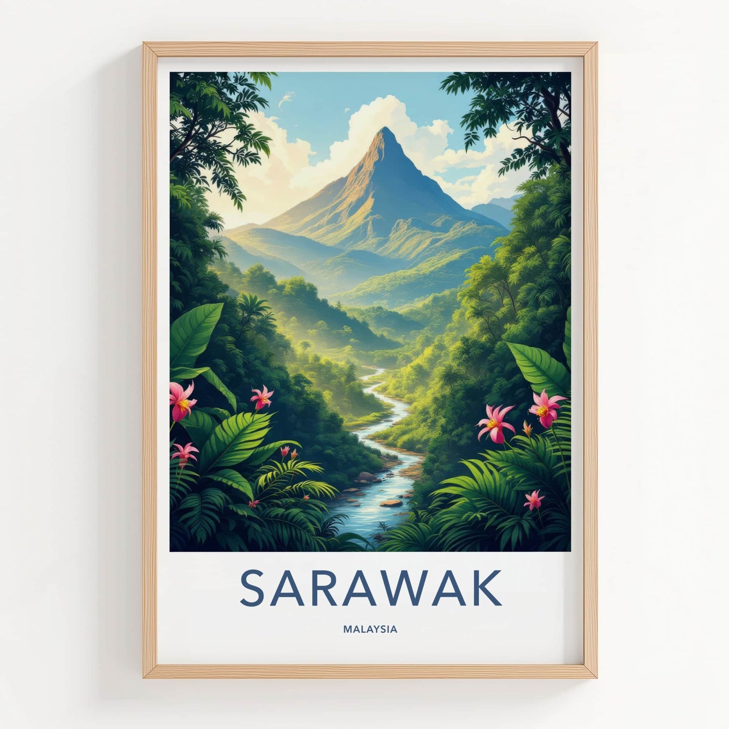 Sarawak Poster - Malaysia Travel Art - Towering Mountain Winding River Home Decor