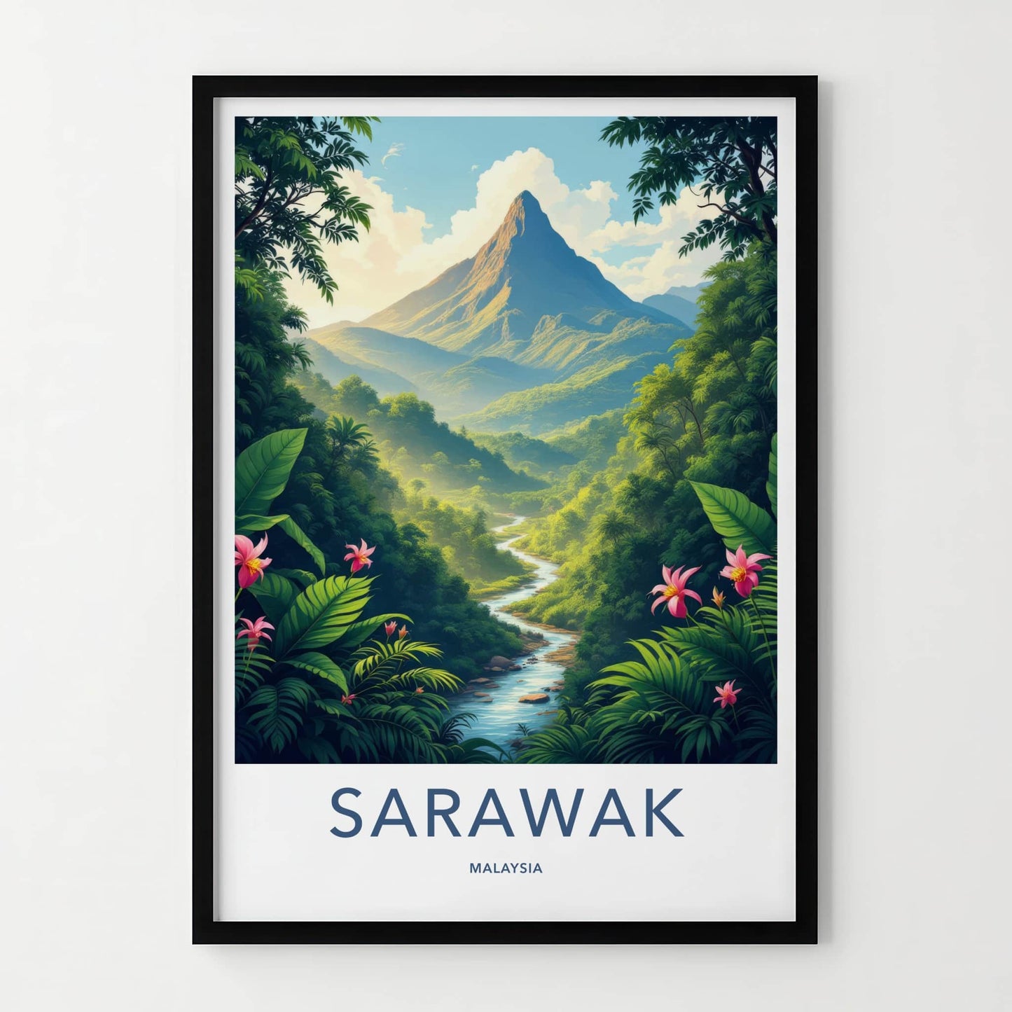 Sarawak Poster - Malaysia Travel Art - Towering Mountain Winding River Home Decor
