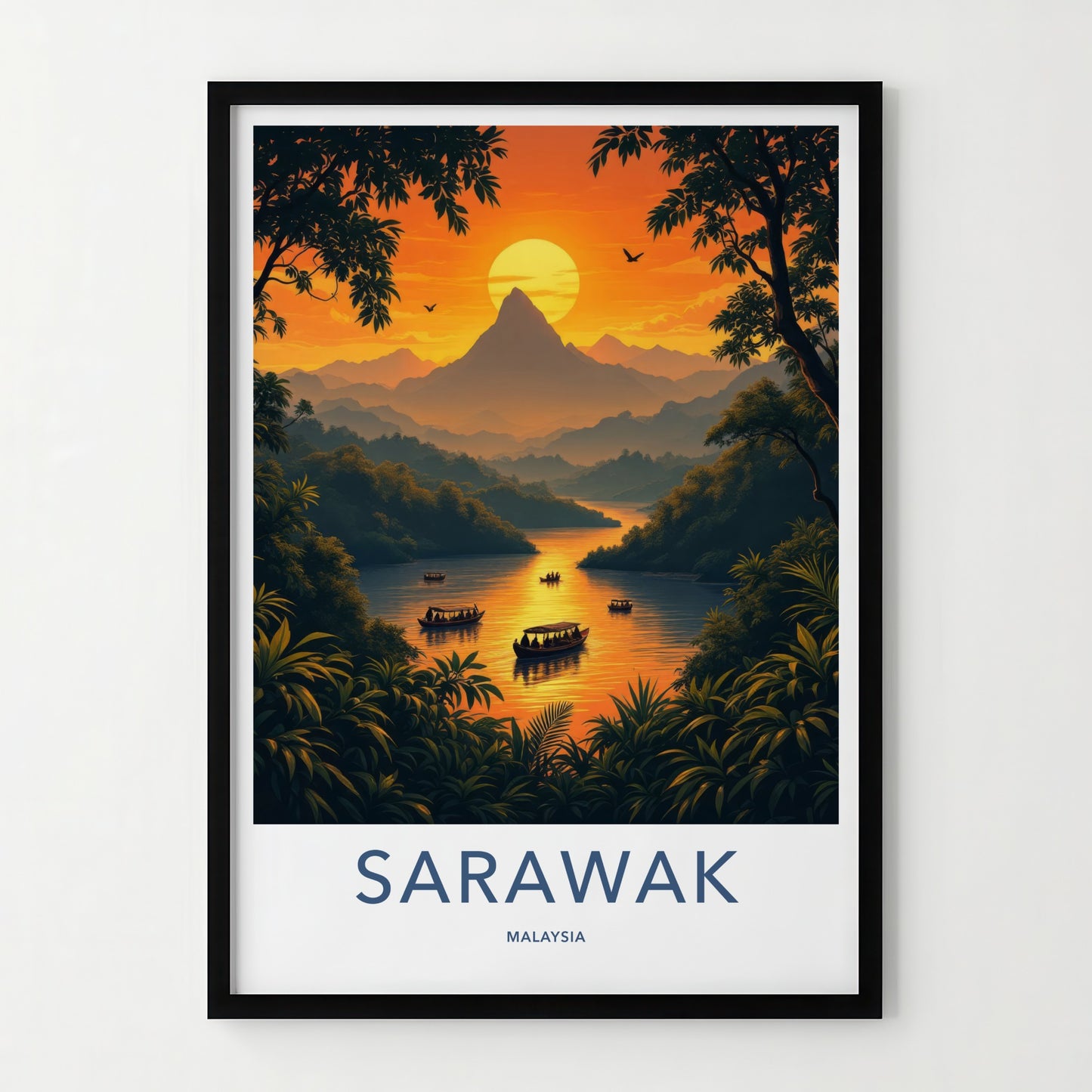 Sarawak Poster - Malaysia Travel Art - Tropical River Boats Wall Decor