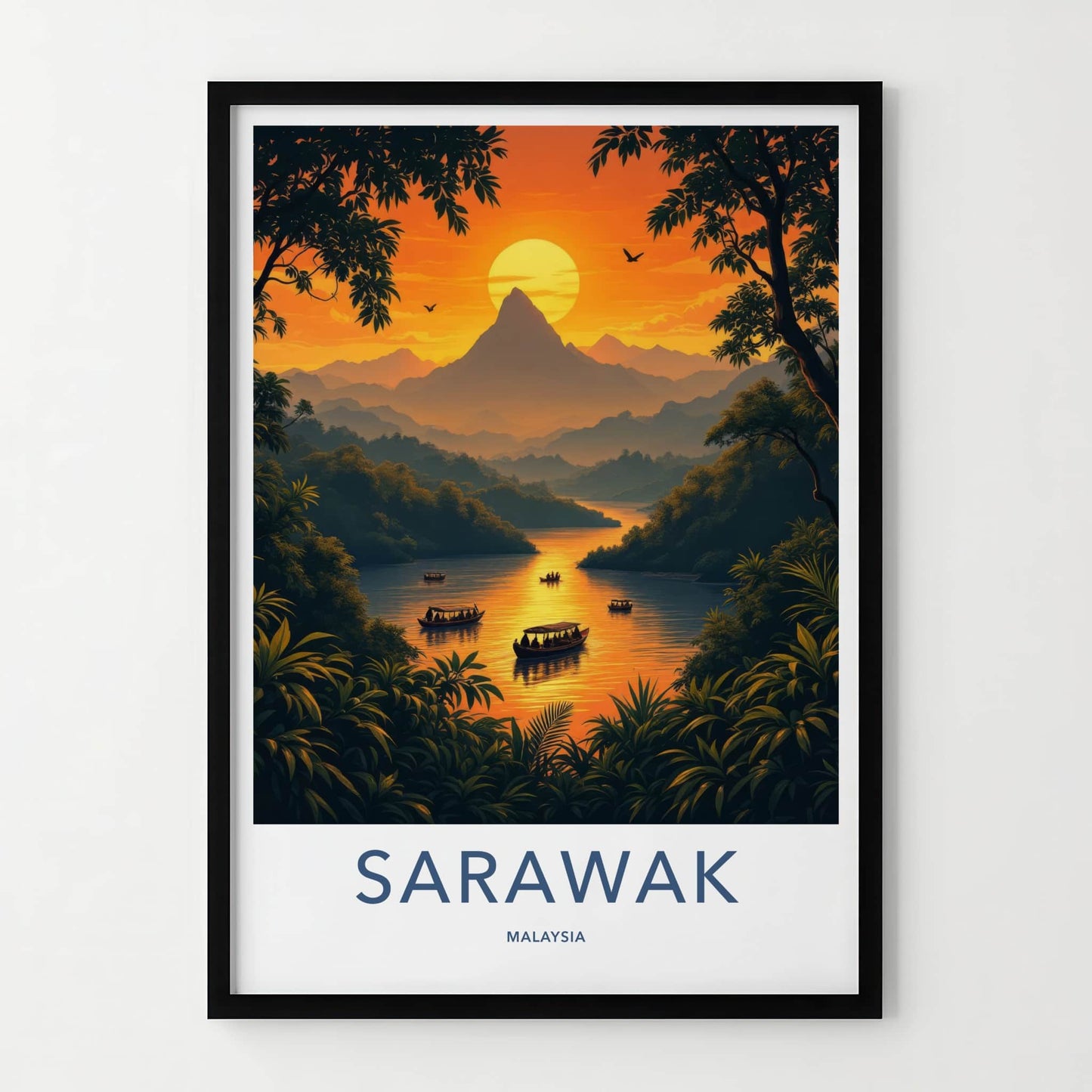 Sarawak Poster - Malaysia Travel Art - Tropical River Boats Wall Decor