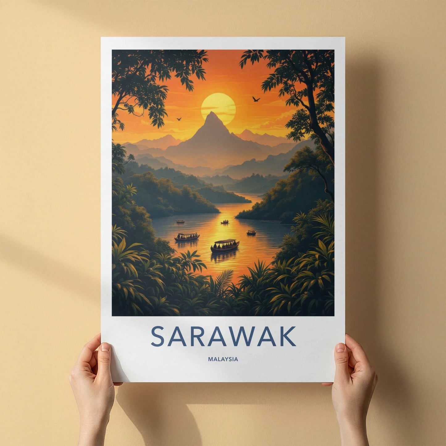 Sarawak Poster - Malaysia Travel Art - Tropical River Boats Wall Decor