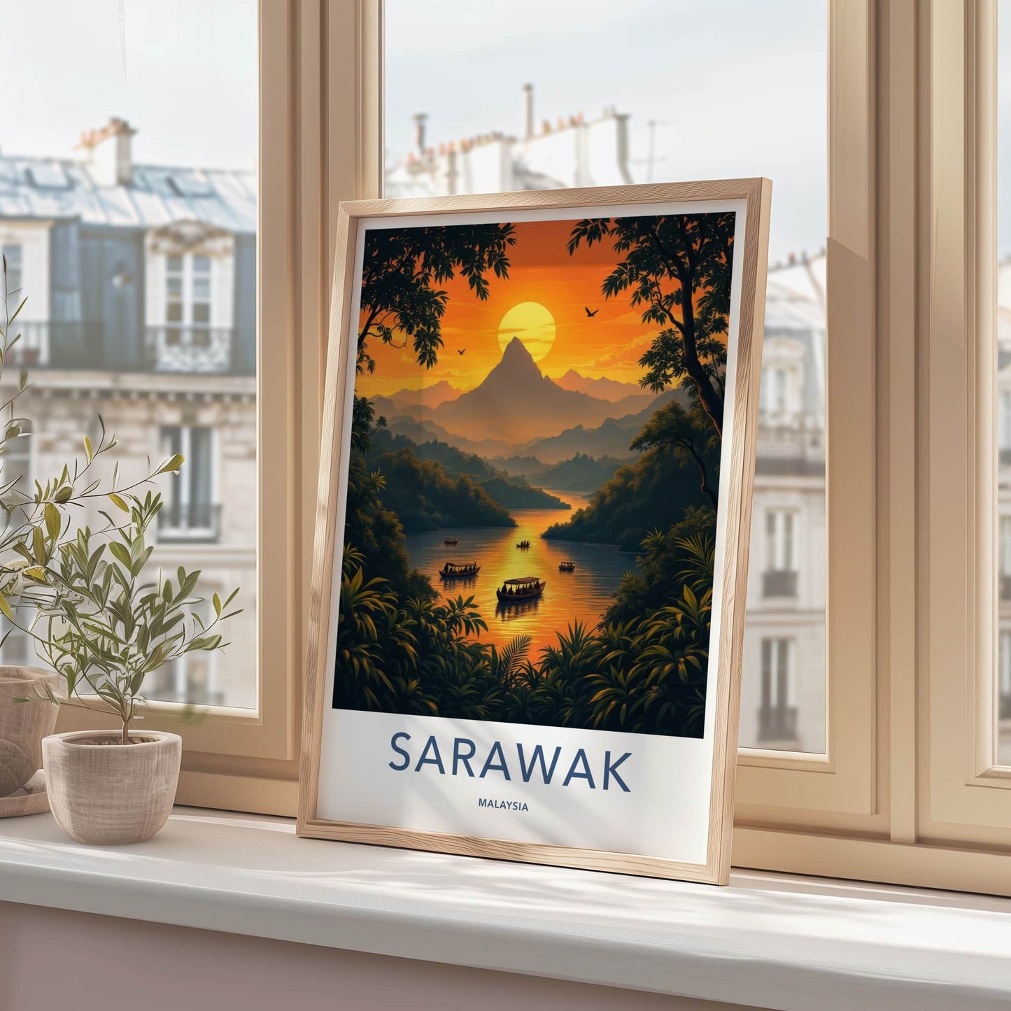 Sarawak Poster - Malaysia Travel Art - Tropical River Boats Wall Decor
