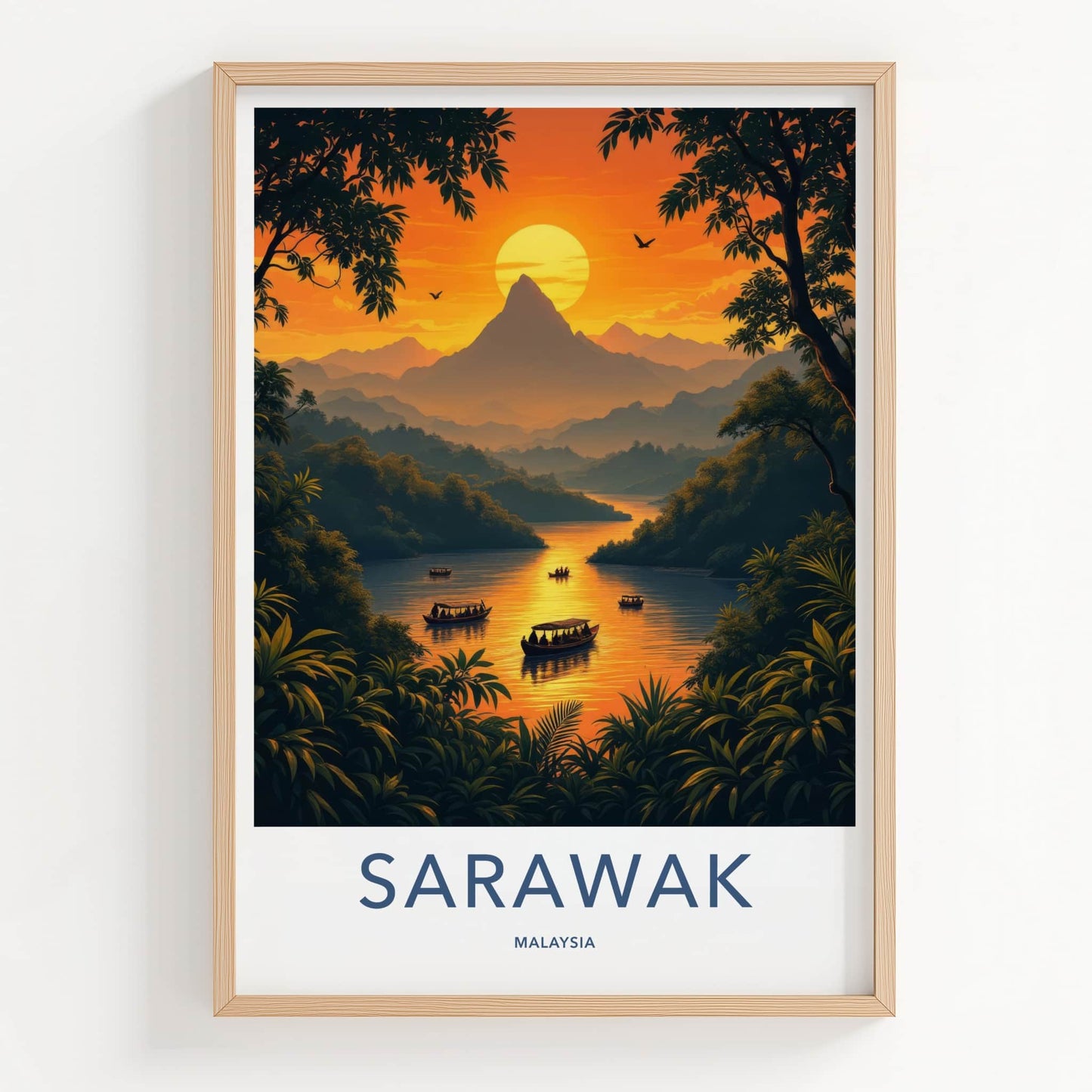 Sarawak Poster - Malaysia Travel Art - Tropical River Boats Wall Decor