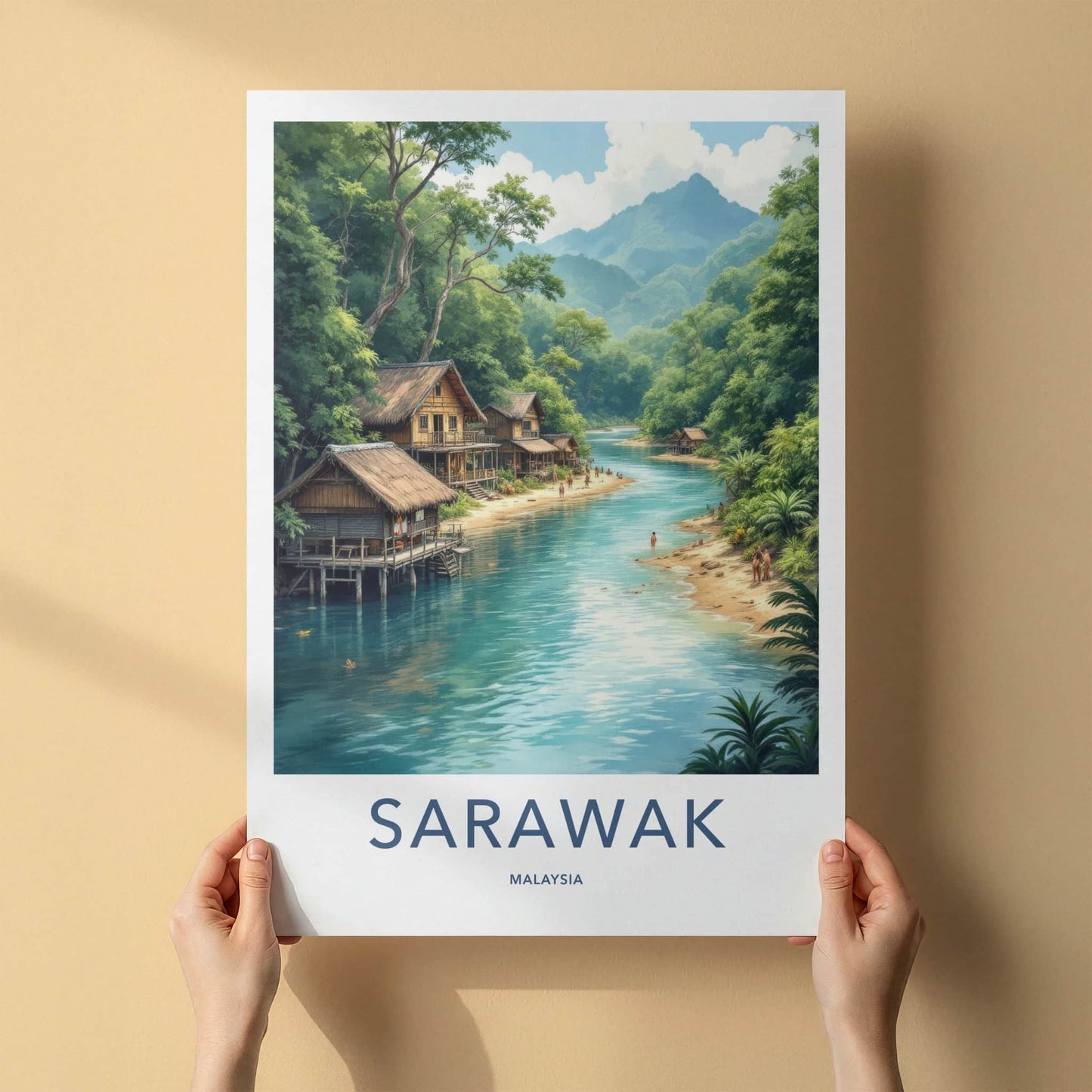 Sarawak Poster - Malaysia Travel Art - Tropical River Village Home Decor