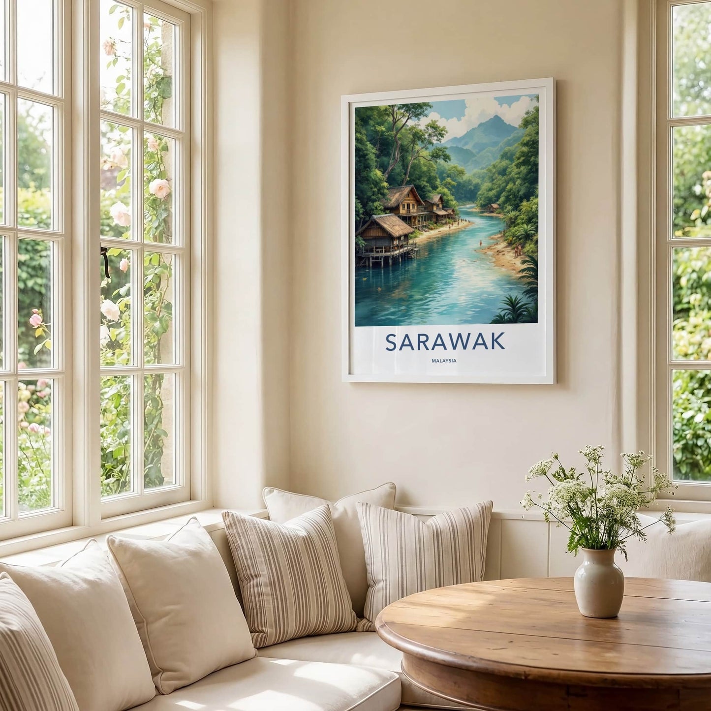 Sarawak Poster - Malaysia Travel Art - Tropical River Village Home Decor