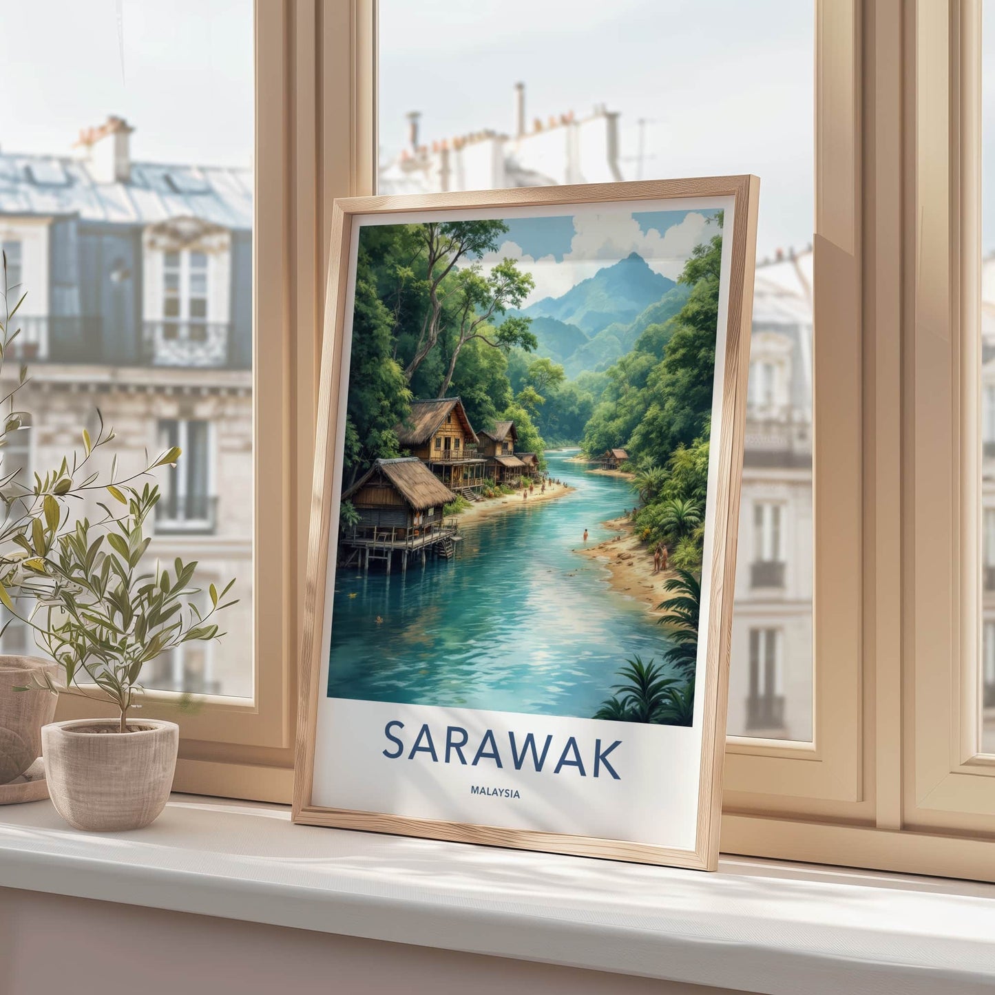 Sarawak Poster - Malaysia Travel Art - Tropical River Village Home Decor