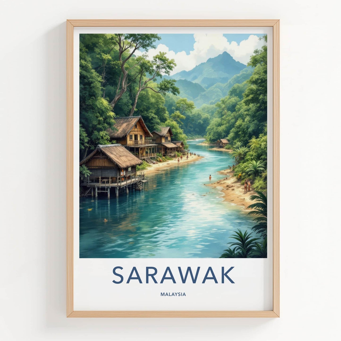 Sarawak Poster - Malaysia Travel Art - Tropical River Village Home Decor