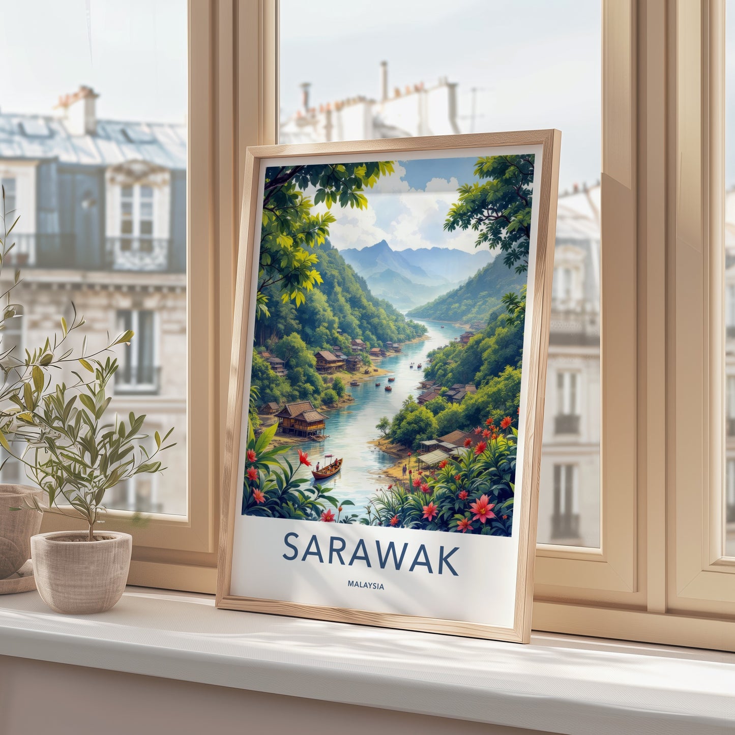 Sarawak Poster - Malaysia Travel Print - Lush River Village Lounge Decor