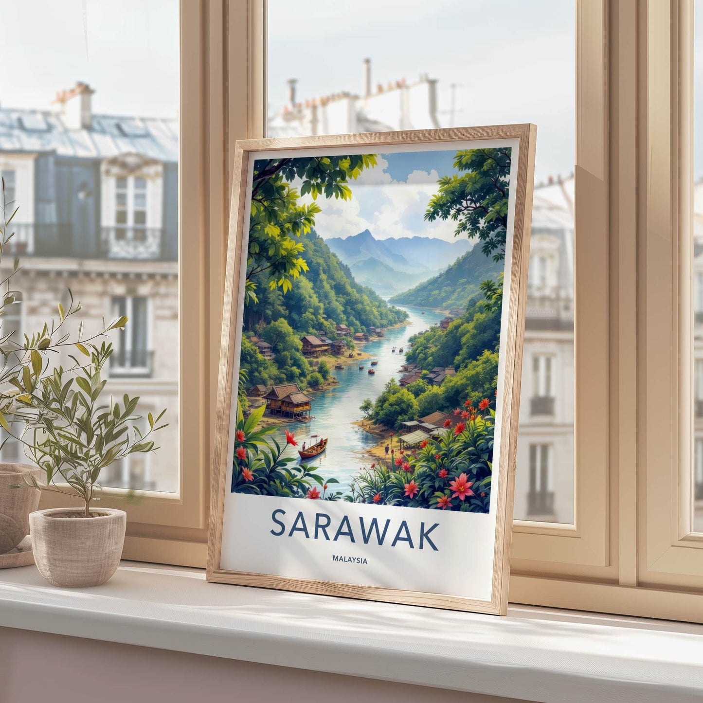 Sarawak Poster - Malaysia Travel Print - Lush River Village Lounge Decor