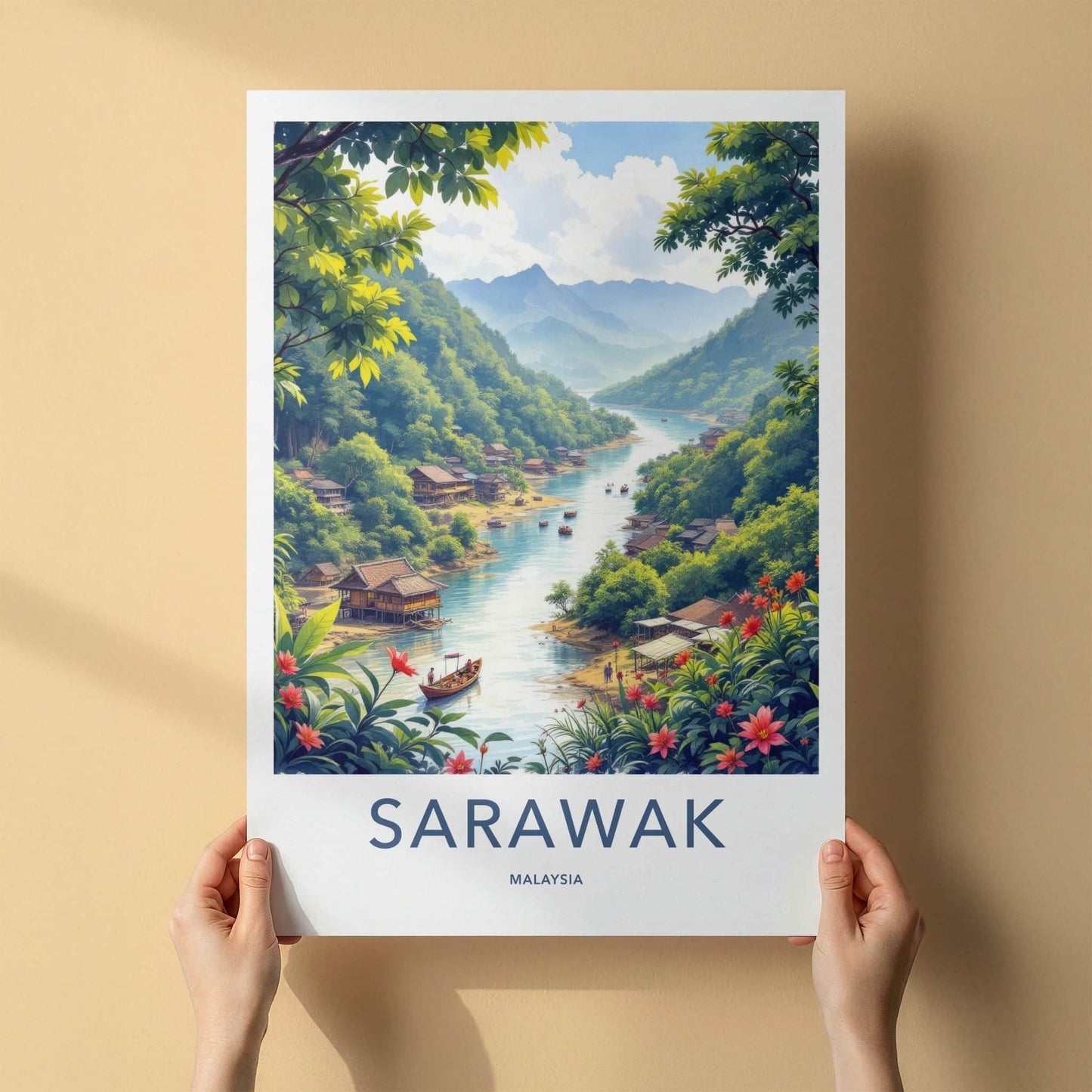 Sarawak Poster - Malaysia Travel Print - Lush River Village Lounge Decor