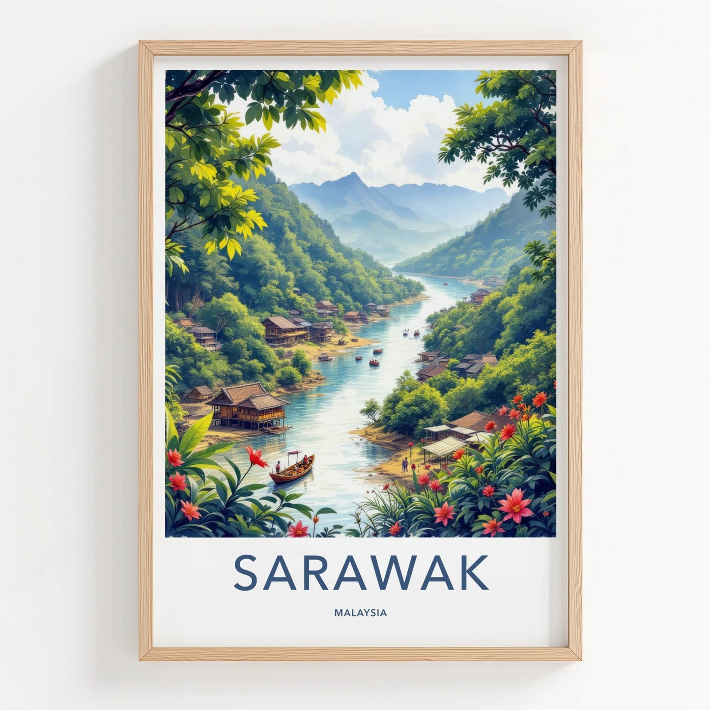 Sarawak Poster - Malaysia Travel Print - Lush River Village Lounge Decor
