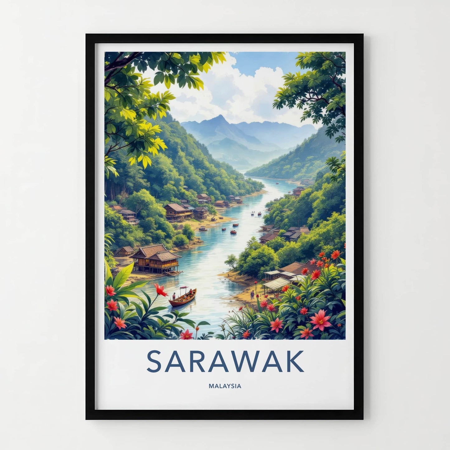 Sarawak Poster - Malaysia Travel Print - Lush River Village Lounge Decor