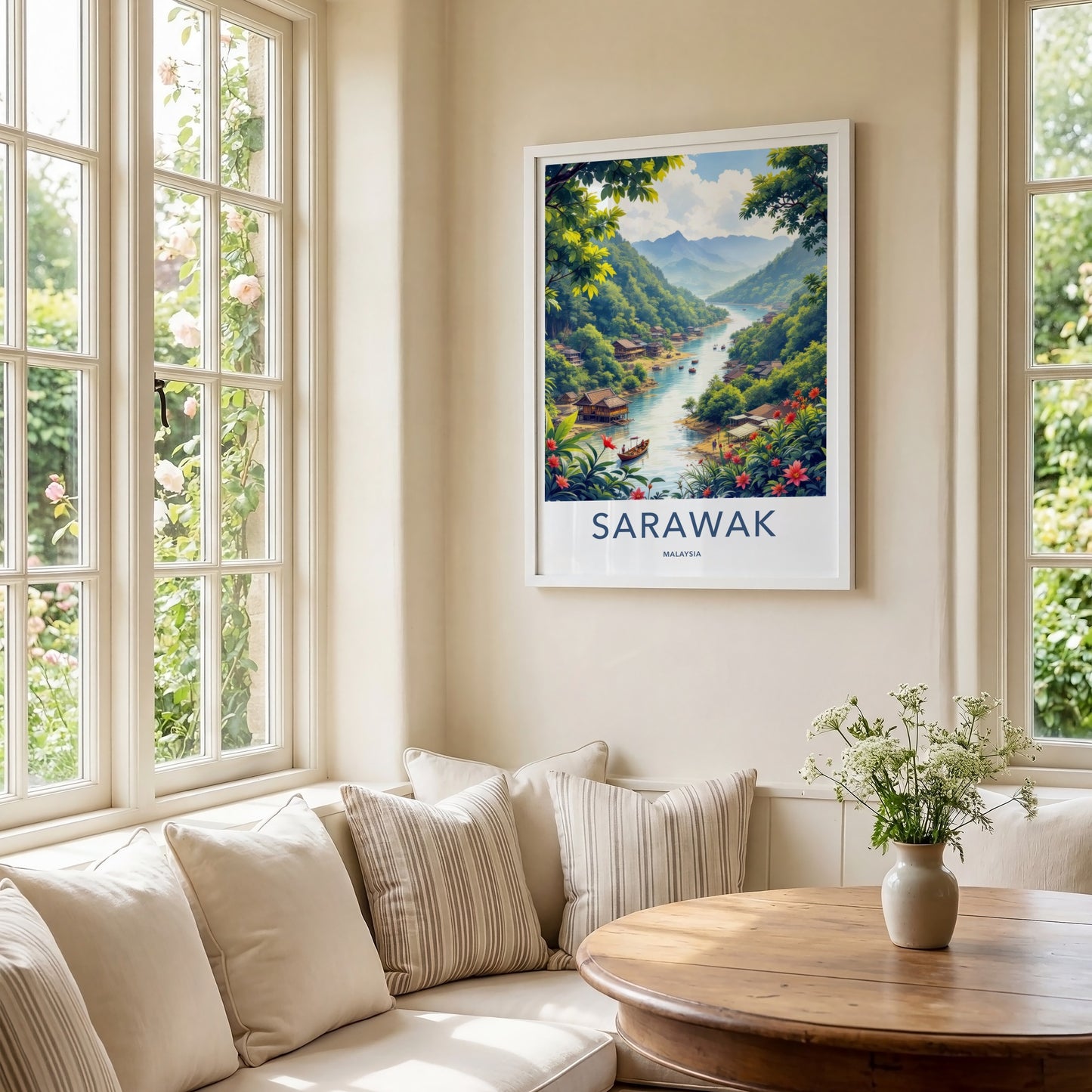 Sarawak Poster - Malaysia Travel Print - Lush River Village Lounge Decor