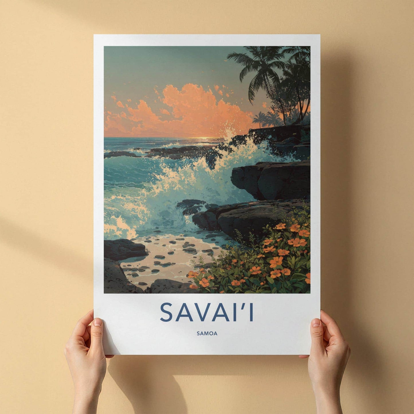 Savaii Poster - Samoa Travel Art - Crashing Waves Sunset Home Decor