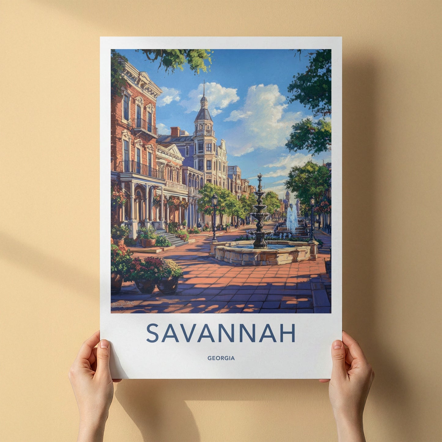 Savannah Poster - Georgia Travel Art - Historic City Fountains Home Decor