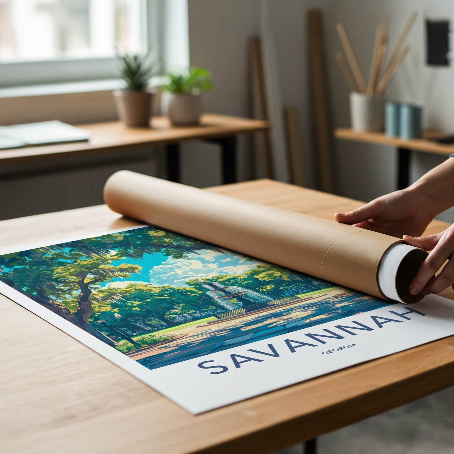 Savannah Poster - Georgia Travel Art - Mossy Park Fountain Home Decor