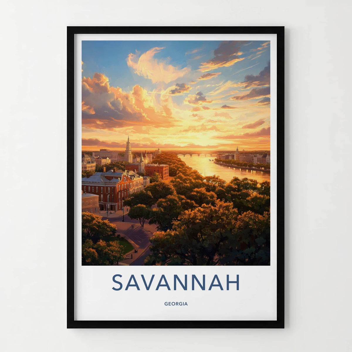 Savannah Poster - Georgia Travel Art - Riverfront Sunset Glow Home Decor