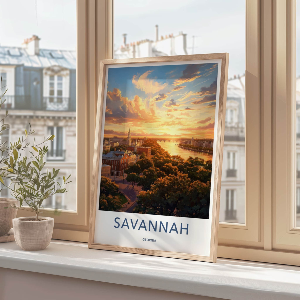 Savannah Poster - Georgia Travel Art - Riverfront Sunset Glow Home Decor