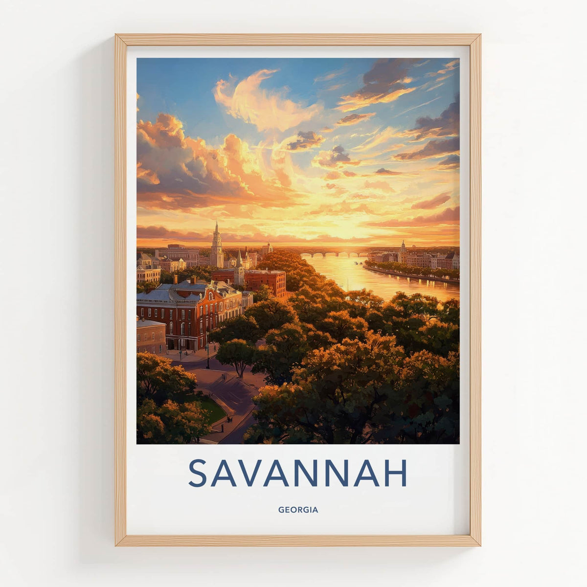 Savannah Poster - Georgia Travel Art - Riverfront Sunset Glow Home Decor