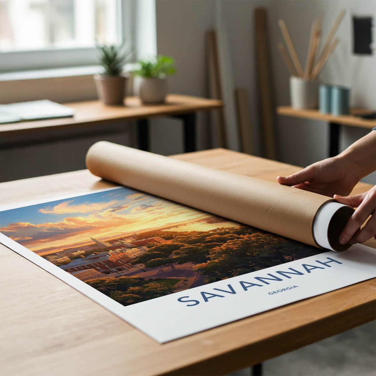 Savannah Poster - Georgia Travel Art - Riverfront Sunset Glow Home Decor