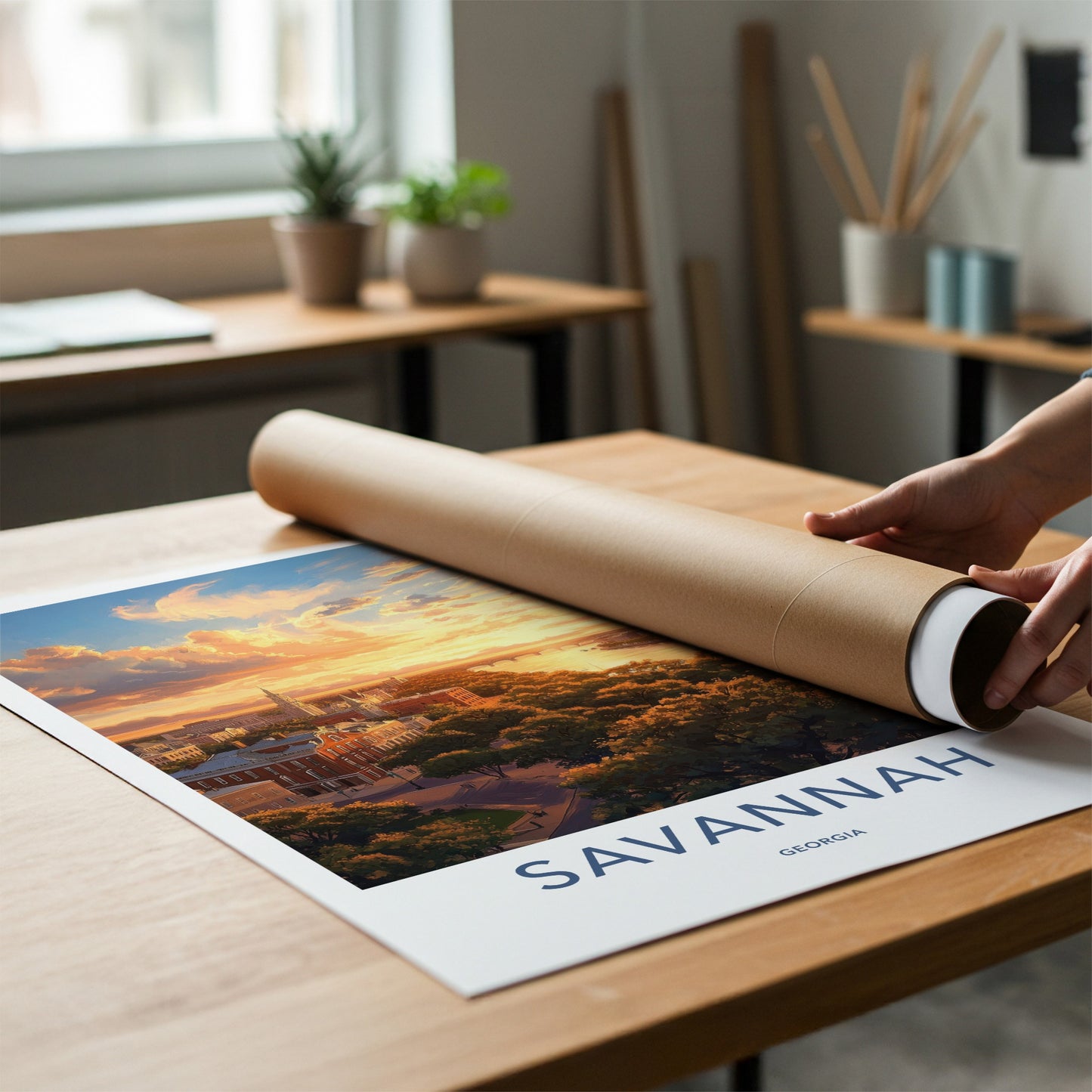 Savannah Poster - Georgia Travel Art - Riverfront Sunset Glow Home Decor