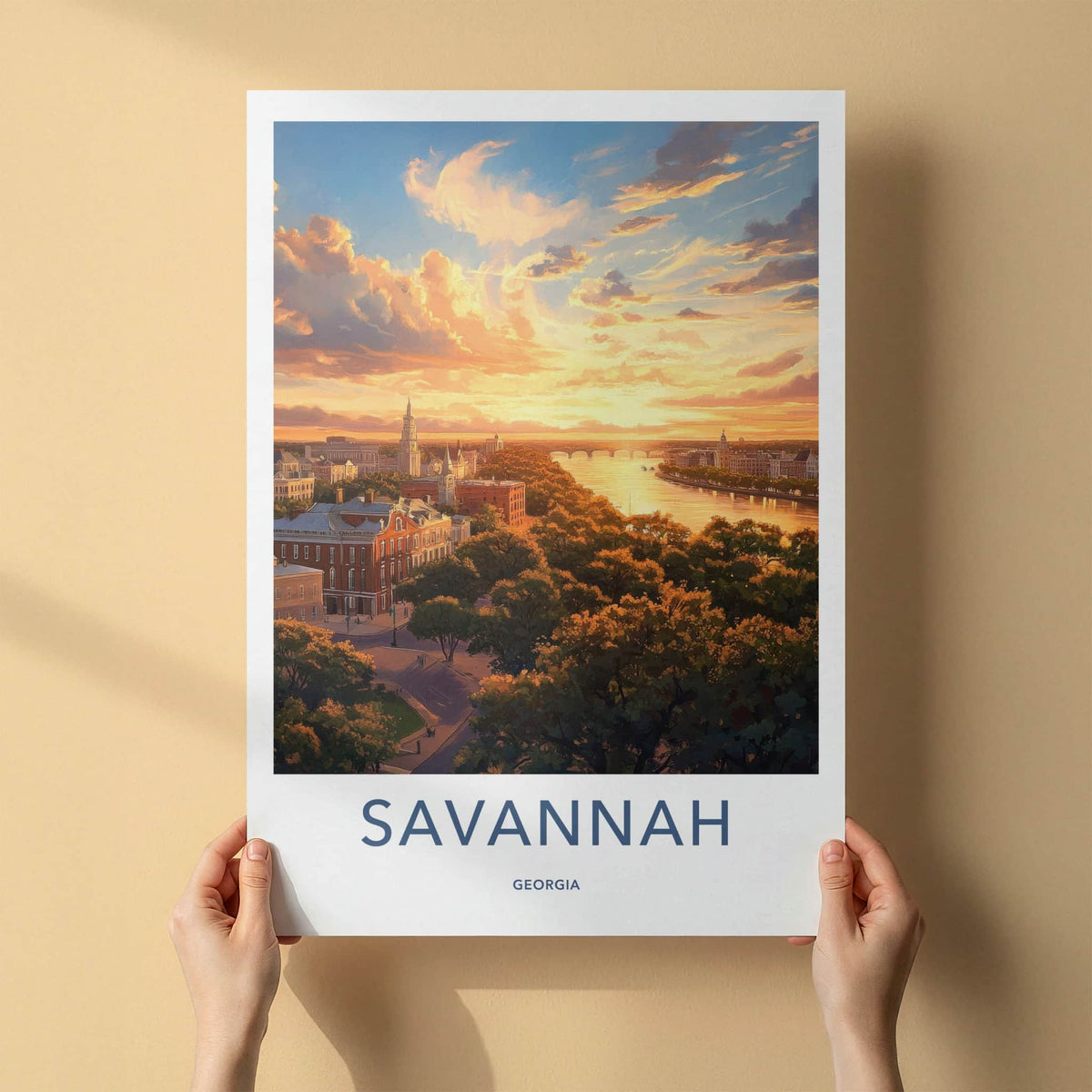 Savannah Poster - Georgia Travel Art - Riverfront Sunset Glow Home Decor