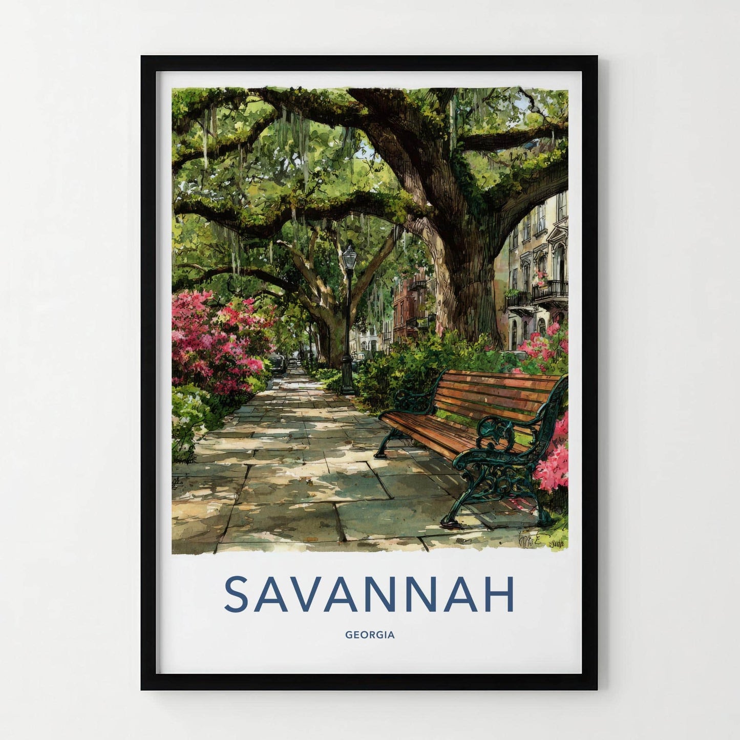 Savannah Poster - Georgia Travel Print - Shaded Pathway Bench Lounge Decor